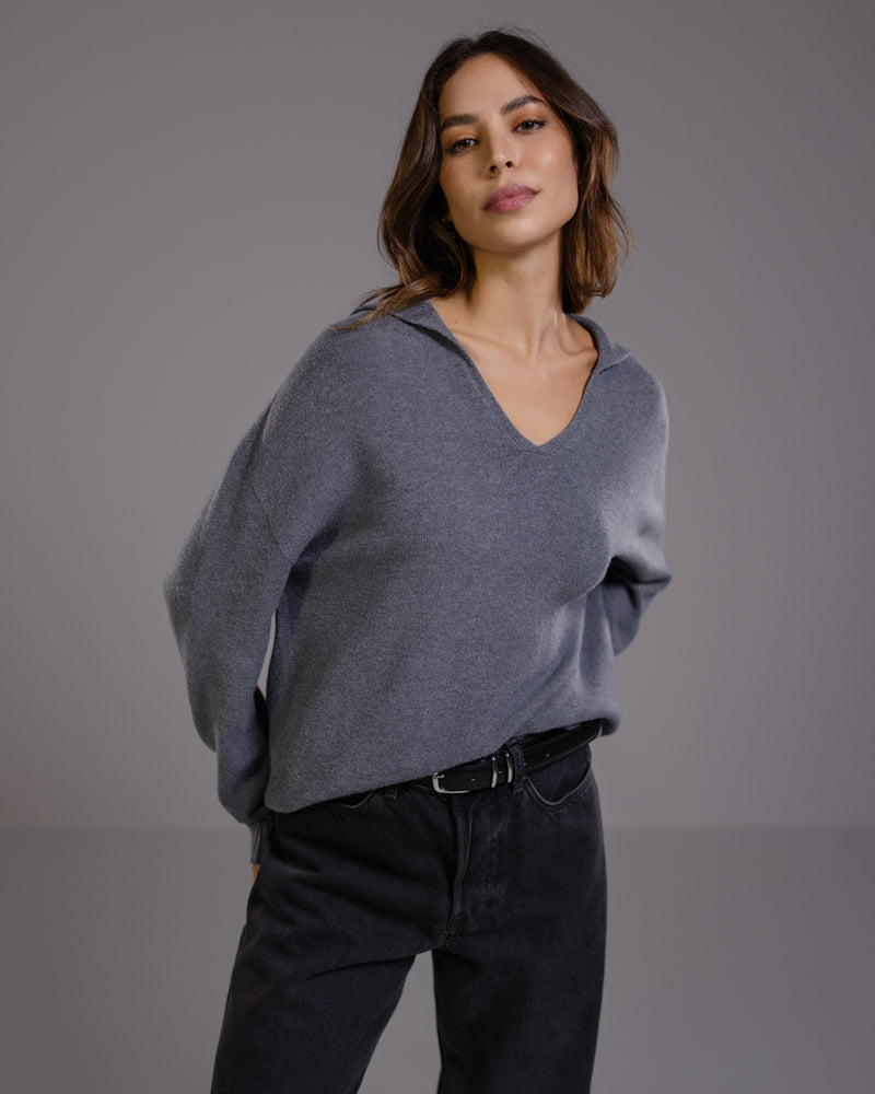 Celeste Open Collar Sweater | Dark Grey