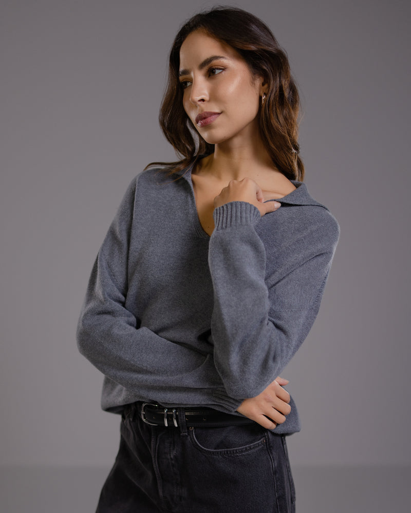 Celeste Open Collar Sweater | Dark Grey