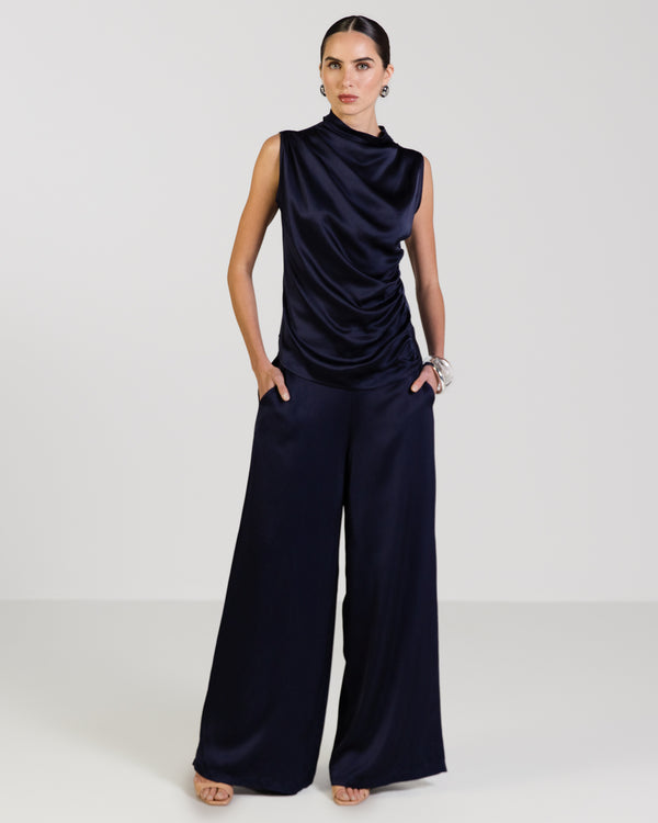 Allegra Draped Satin Top | Navy