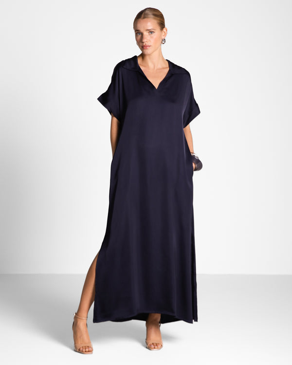 Cleo Open Collar Satin Dress | Navy