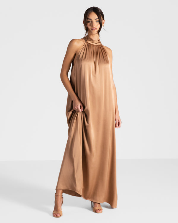 Ruby Satin Halterneck Dress | Tan