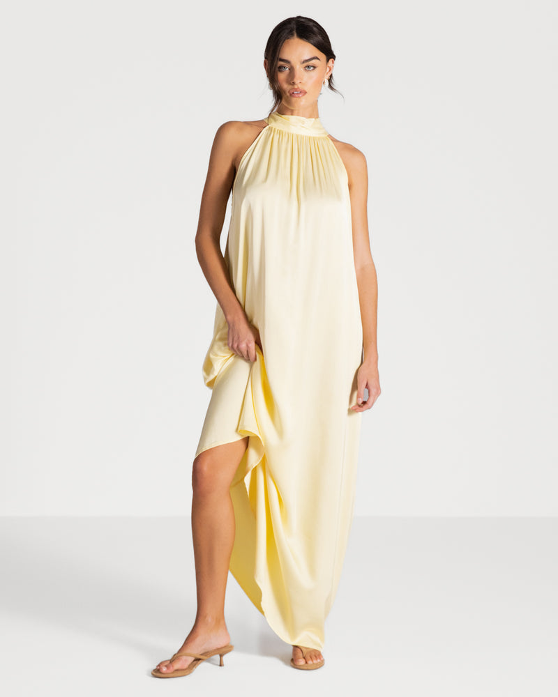yellow silk dress uk Pastel Yellow Satin Prom Dresses V-neck Evening Dress Open Back FD6001 Viniodress