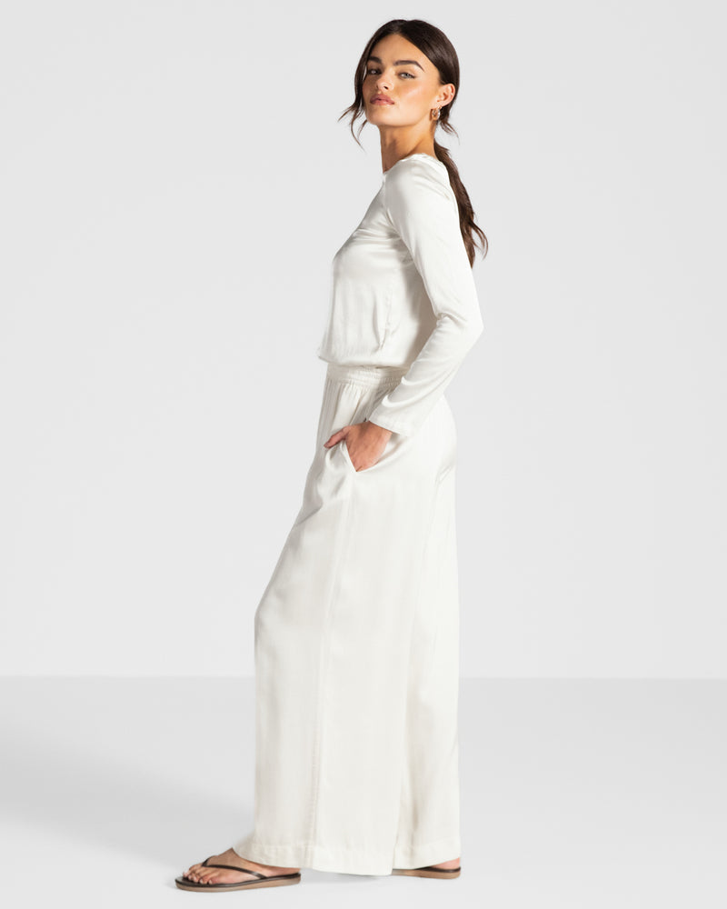 Daisy Elastic Waist Satin Pants | Ivory
