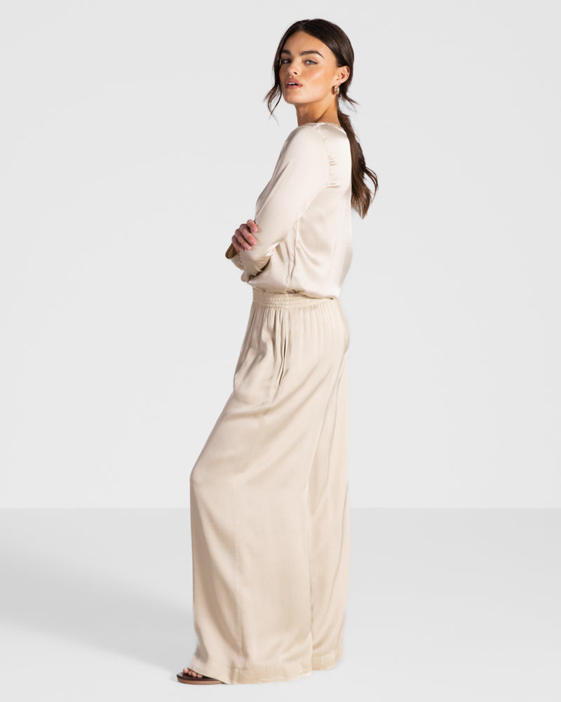 Daisy Elastic Waist Satin Pants | Light Beige