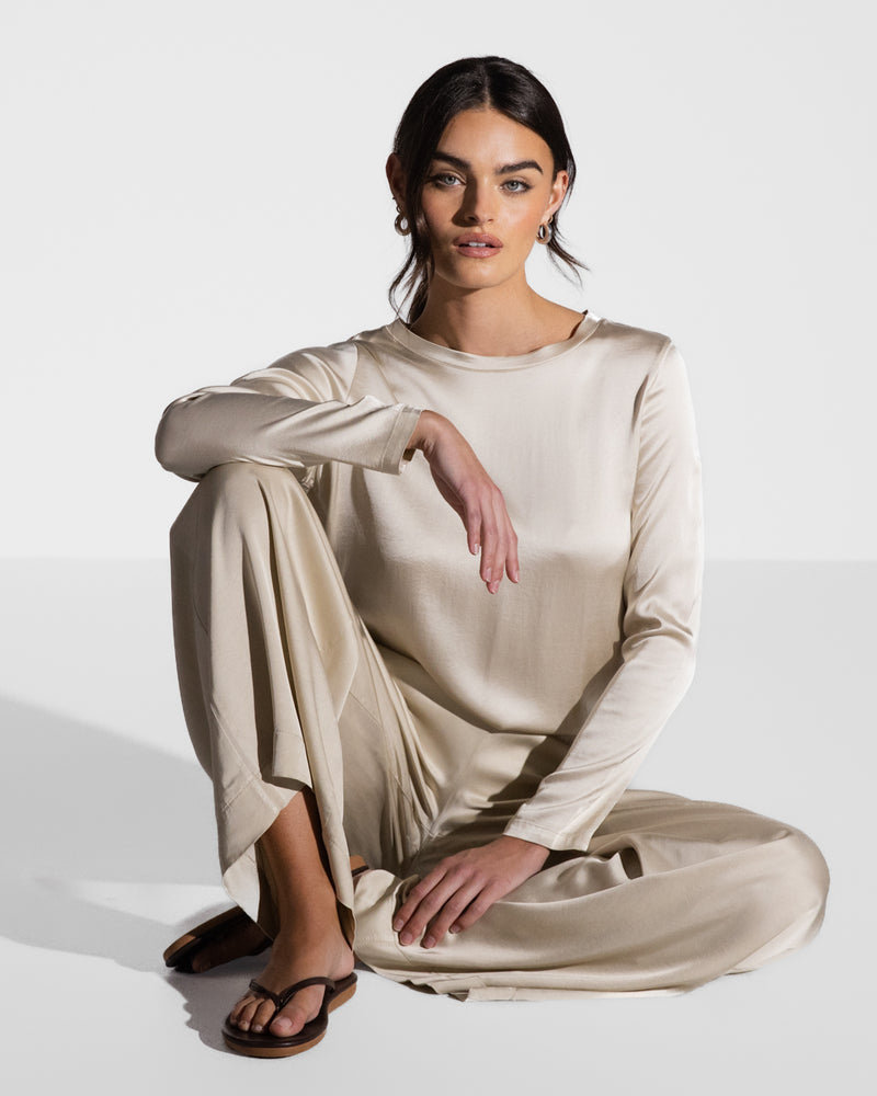 Daisy Elastic Waist Satin Pants | Light Beige