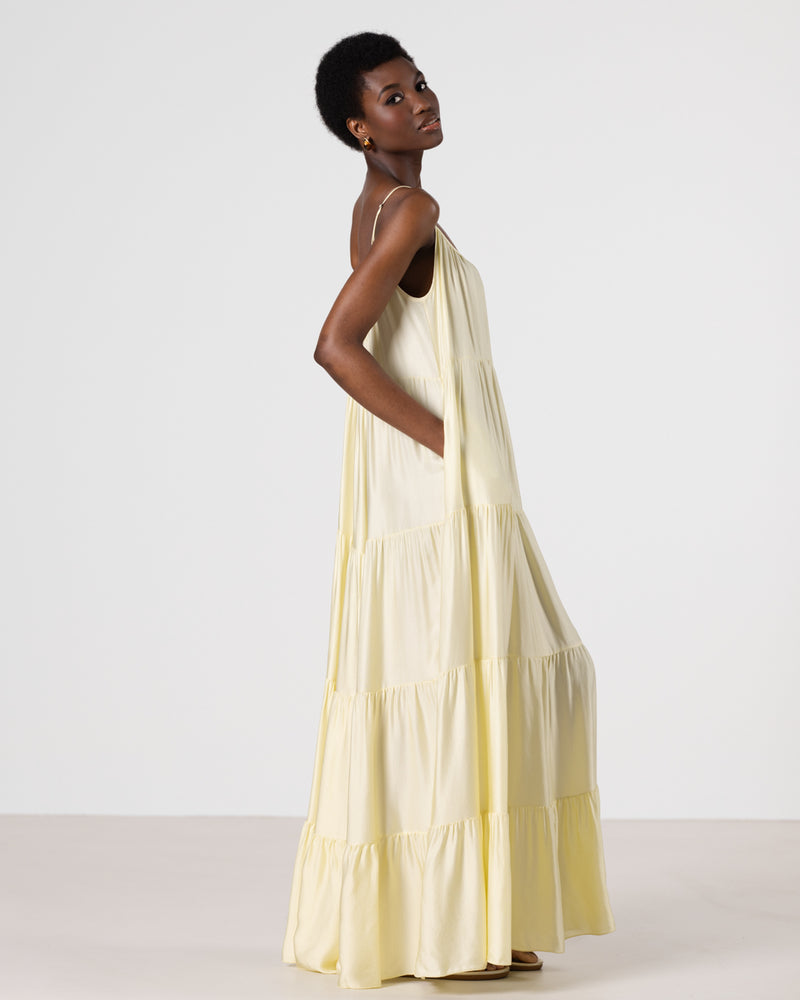 Noelle Strappy Tiered Satin Maxi Dress Butter Yellow – JAKI
