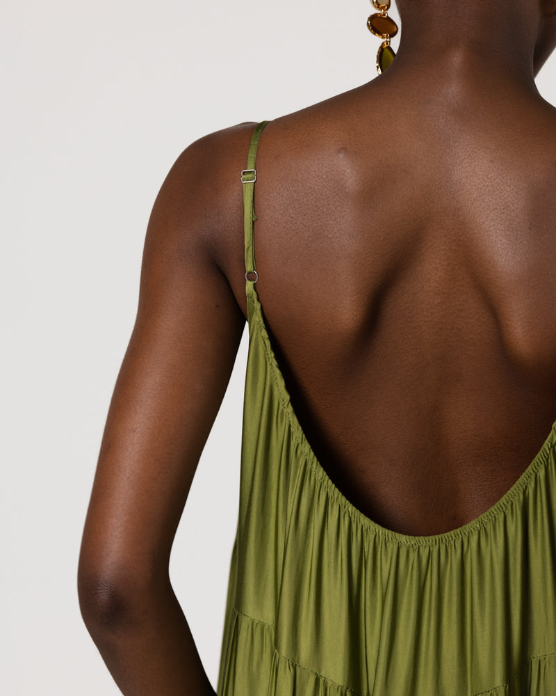 Noelle Strappy Tiered Satin Maxi Dress | Olive Green JAKI Noelle Strappy Tiered Satin Maxi Dress | Olive Green JAKI