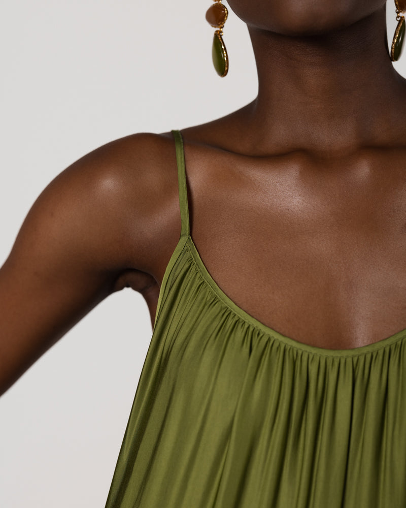 Noelle Strappy Tiered Satin Maxi Dress | Olive Green JAKI Noelle Strappy Tiered Satin Maxi Dress | Olive Green JAKI