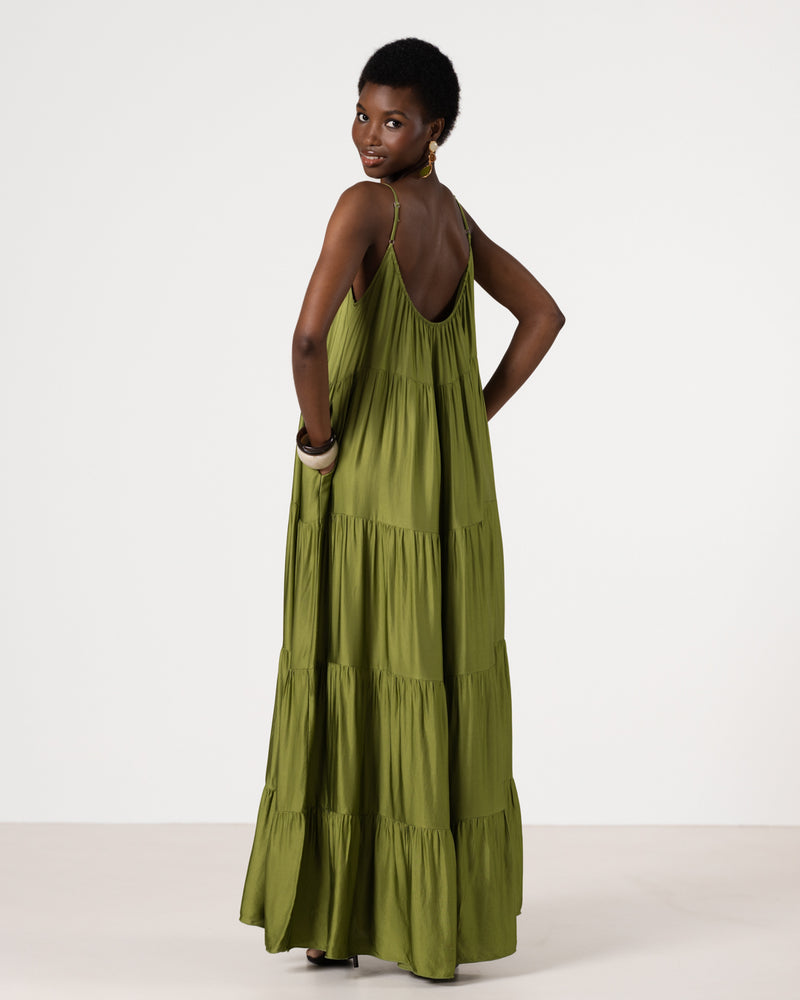 Noelle Strappy Tiered Satin Maxi Dress | Olive Green JAKI Noelle Strappy Tiered Satin Maxi Dress | Olive Green JAKI