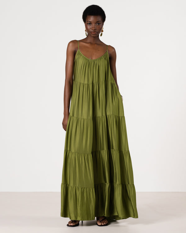 Noelle Strappy Tiered Satin Maxi Dress | Olive Green