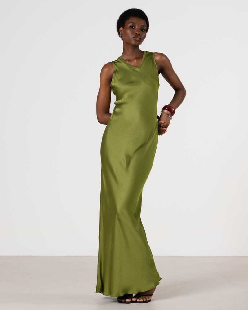 Green Silk Floor Length Dress Sabrina Sleeveless Satin Maxi Dress