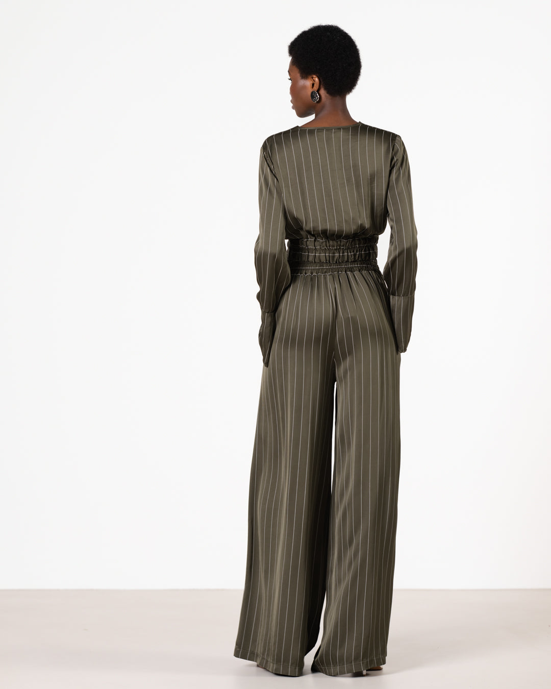 Zoe Pinstripe Elastic High Waist Satin Trousers | Ivory