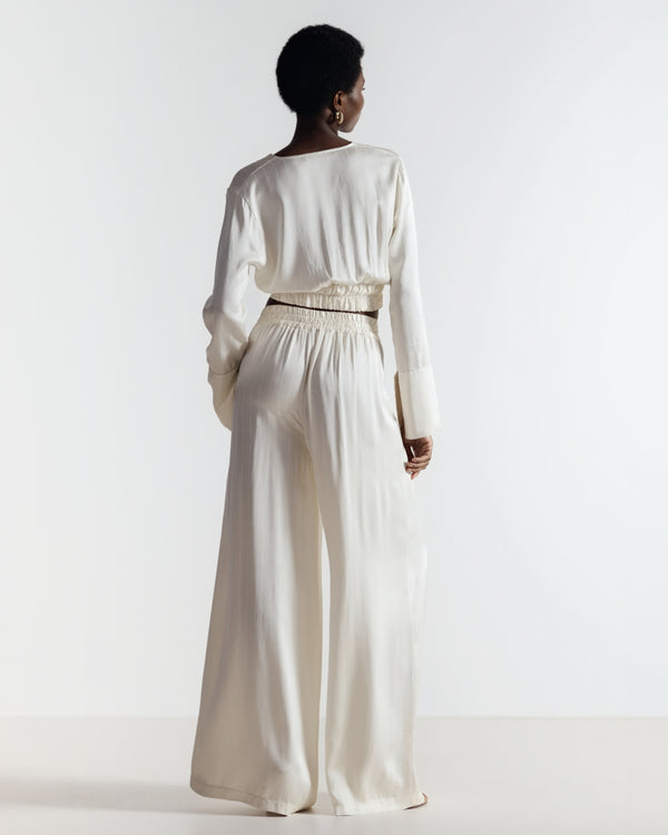 Zoe Pinstripe Elastic High Waist Satin Trousers | Ivory