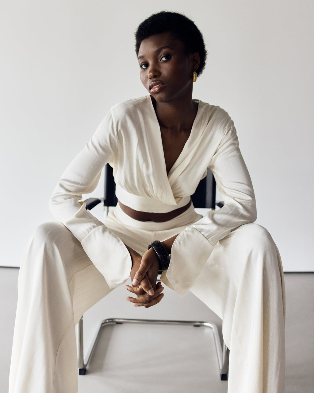 Zoe Pinstripe Elastic Wrap Satin Top | Ivory – JAKI