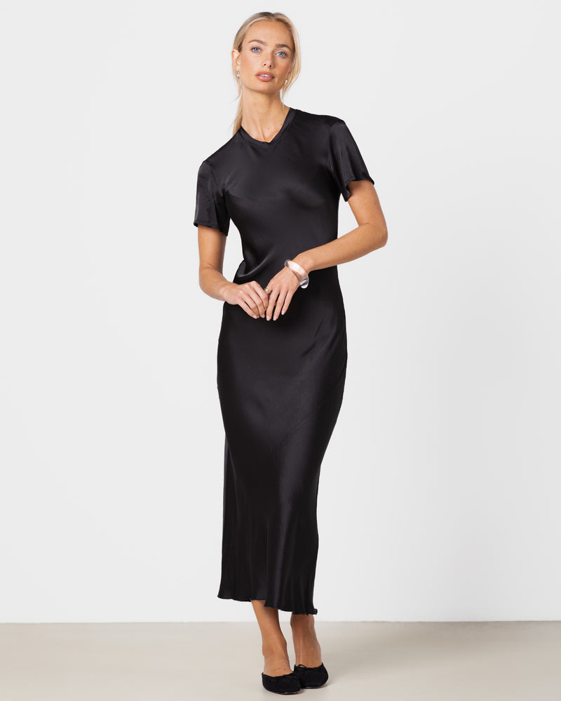 Saskia Short Sleeve Satin Dress | Black