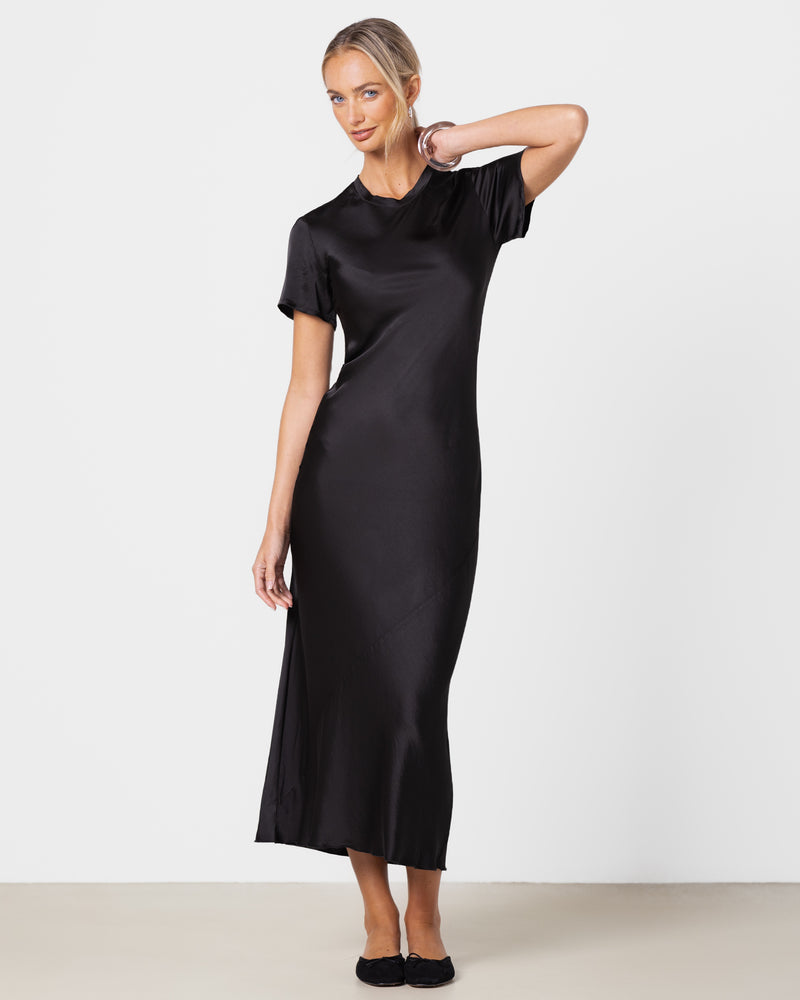 Saskia Short Sleeve Satin Dress | Black
