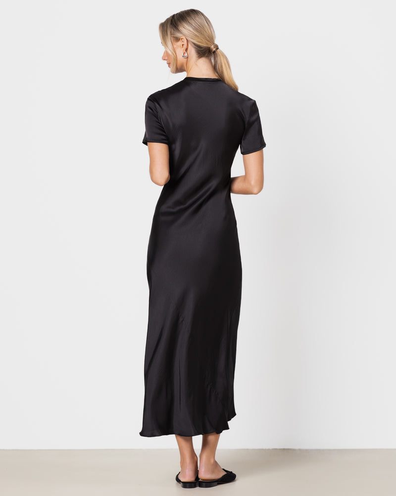 Saskia Short Sleeve Satin Dress | Black