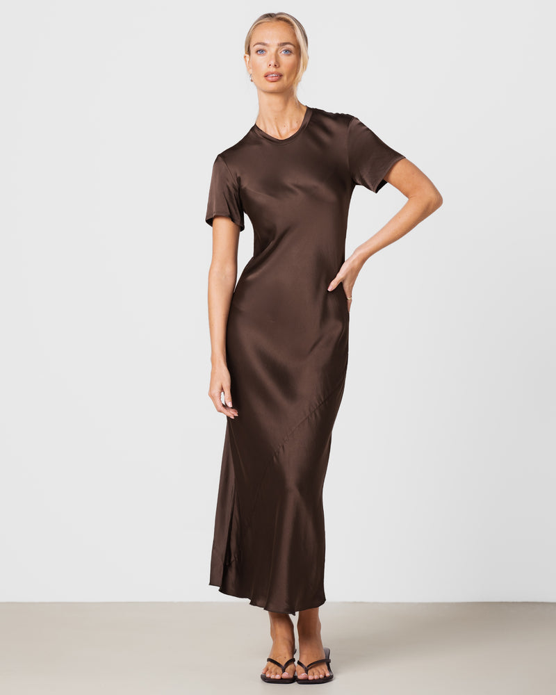 Saskia Short Sleeve Satin Dress | Chocolate Brown