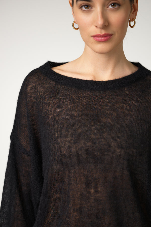 Willow Boxy Sheer Sweater | Black | Alpaca Blend