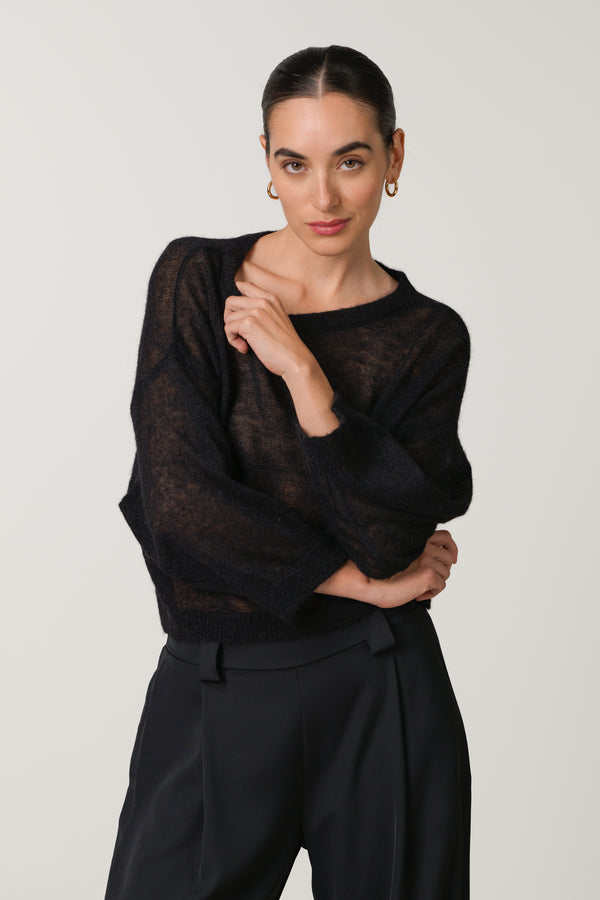 Willow Boxy Sheer Sweater | Black | Alpaca Blend