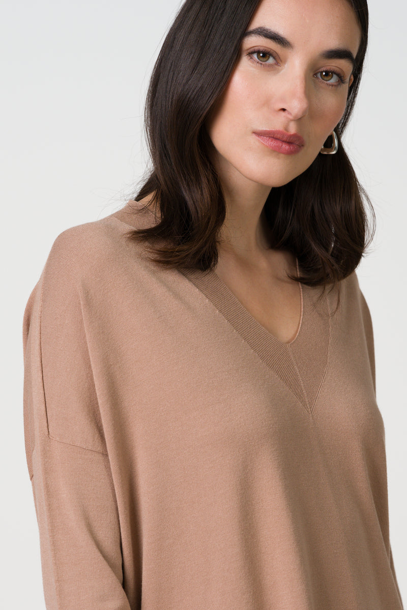 Layla V Neck Sweater | Chestnut Brown | Fine Knit