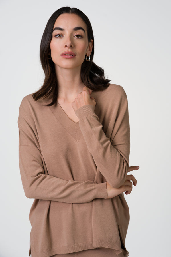 Layla V Neck Sweater | Chestnut Brown | Fine Knit
