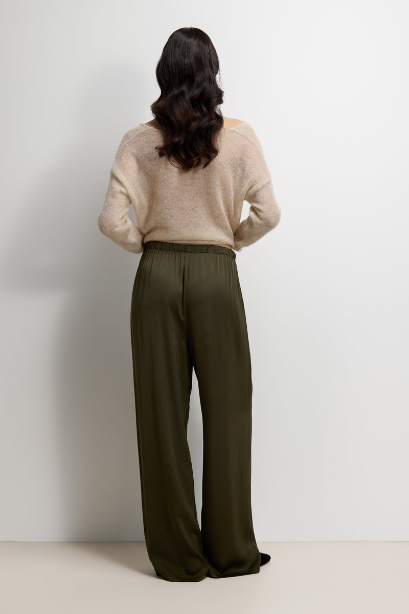 Corin Elastic Waist Satin Trousers | Khaki
