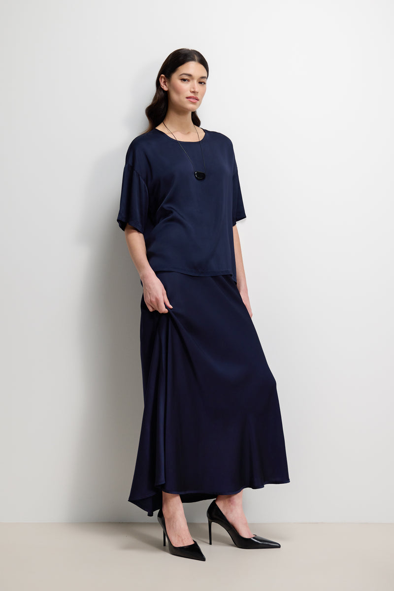 Mila Back Slit Satin Top | Navy