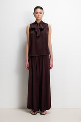 Lyanne Bow Neck Tie Blouse | Espresso Brown Moire