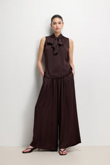 Arden Pleated Elastic Waist Satin Trousers | Espresso Brown Moire