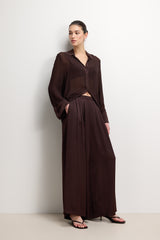 Arden Pleated Elastic Waist Satin Trousers | Espresso Brown Moire