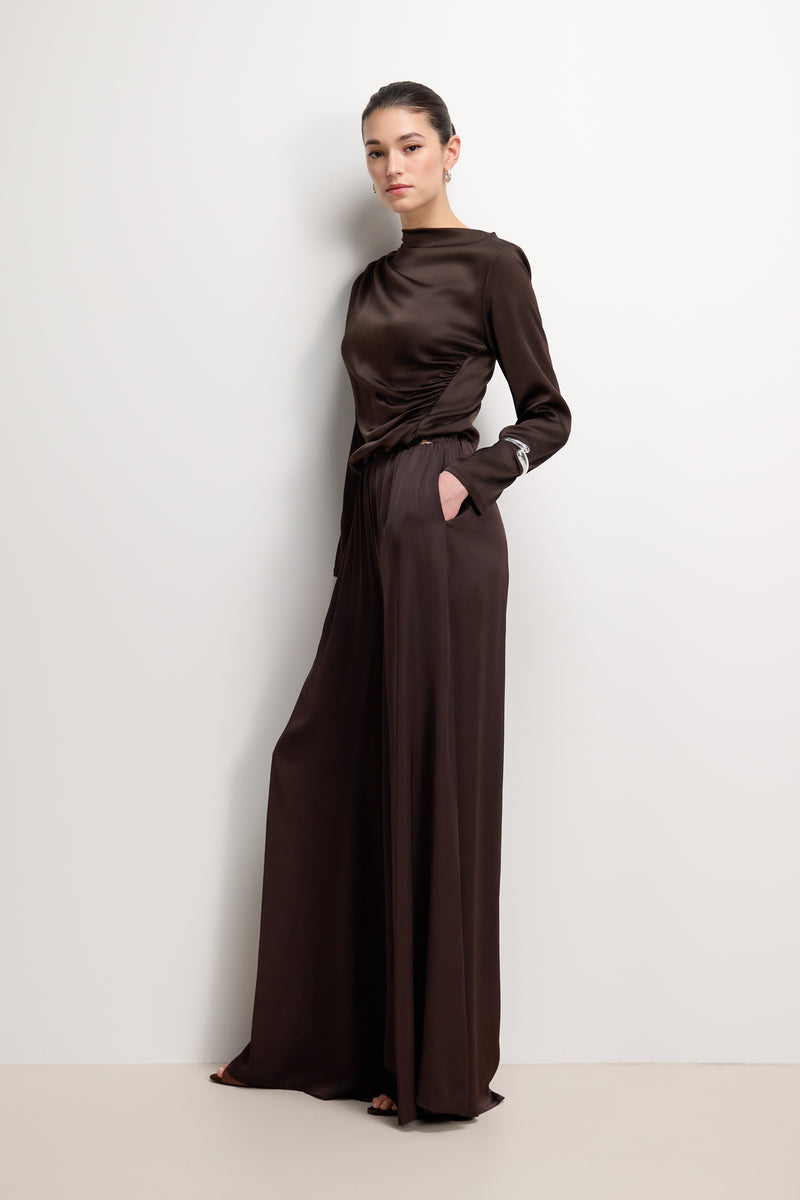 Helena Elastic Waist Satin Trousers | Espresso Brown