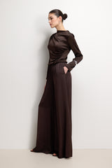 Helena Elastic Waist Satin Trousers | Espresso Brown