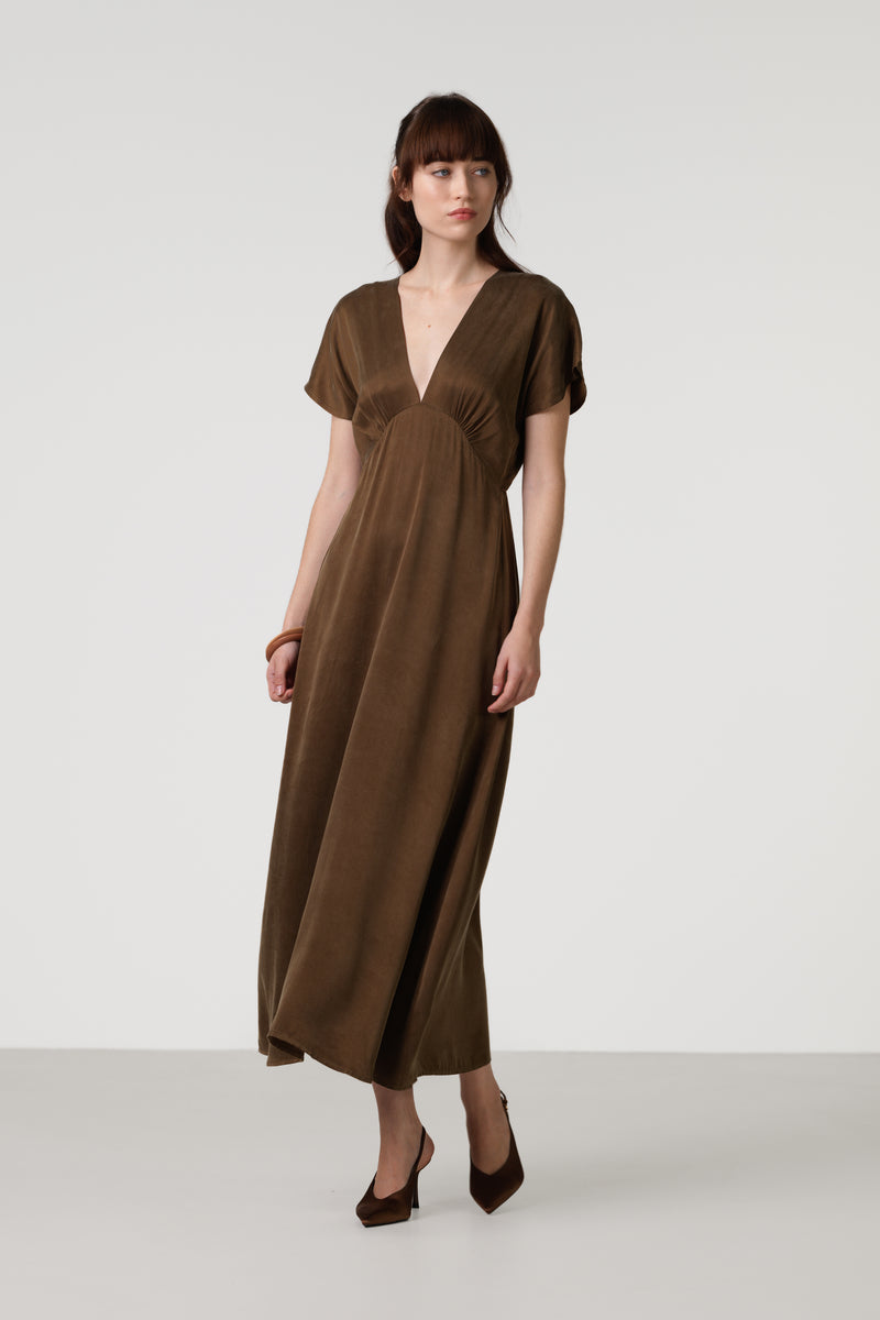 Cressida V Neck Cupro Dress | Chestnut Brown