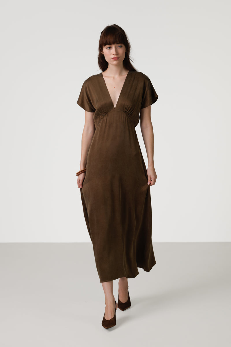 Cressida V Neck Cupro Dress | Chestnut Brown