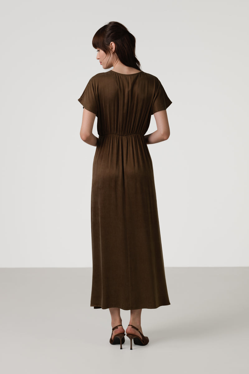 Cressida V Neck Cupro Dress | Chestnut Brown