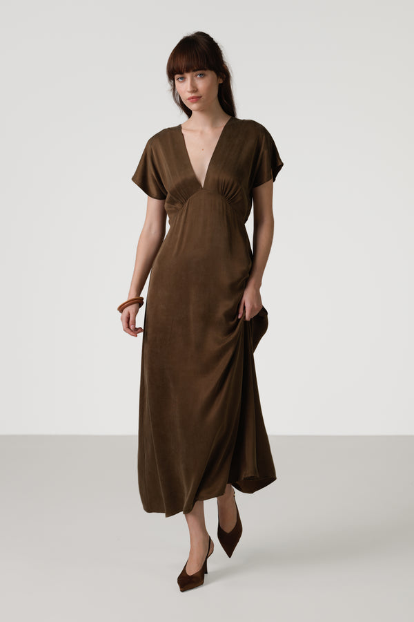 Cressida V Neck Cupro Dress | Chestnut Brown