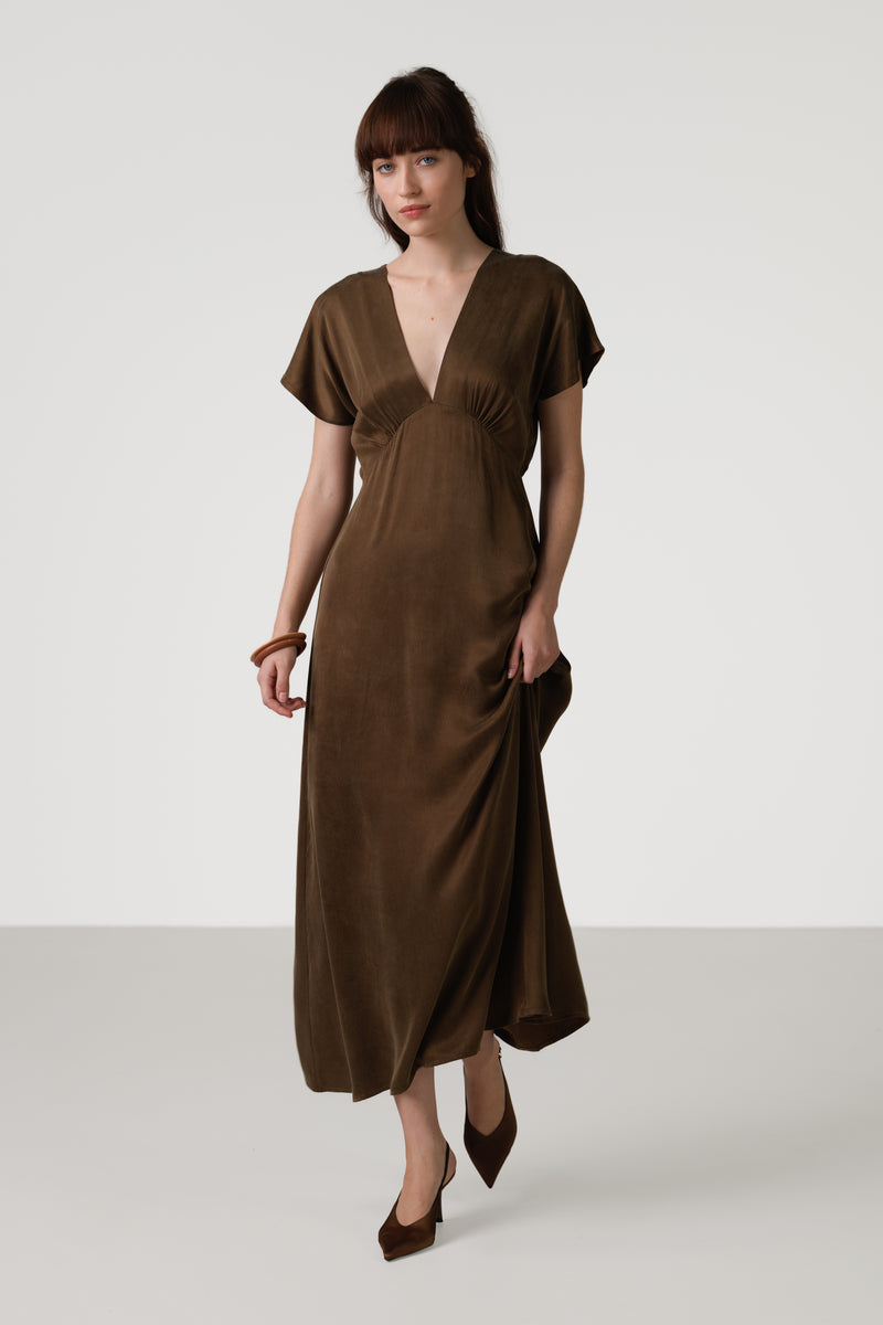 Cressida V Neck Cupro Dress | Chestnut Brown
