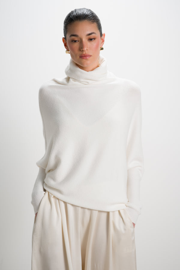 Asymmetric Draped Roll Neck | Ivory | Seamless Knit