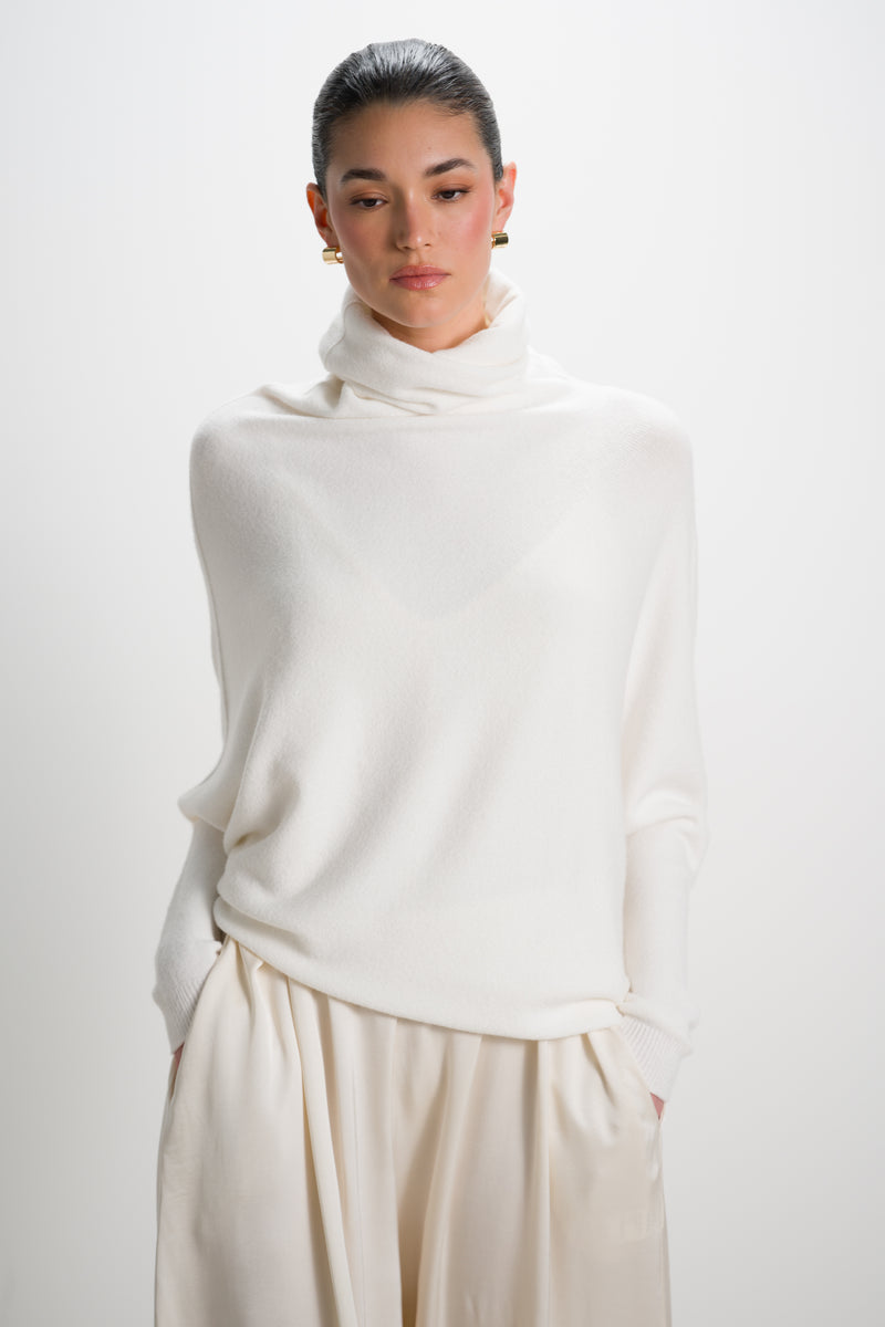 Asymmetric Draped Roll Neck | Ivory | Seamless Knit
