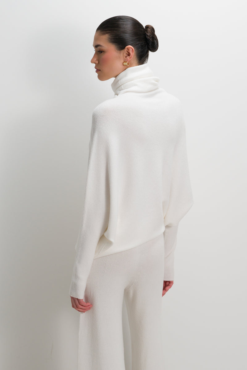 Asymmetric Draped Roll Neck | Ivory | Seamless Knit