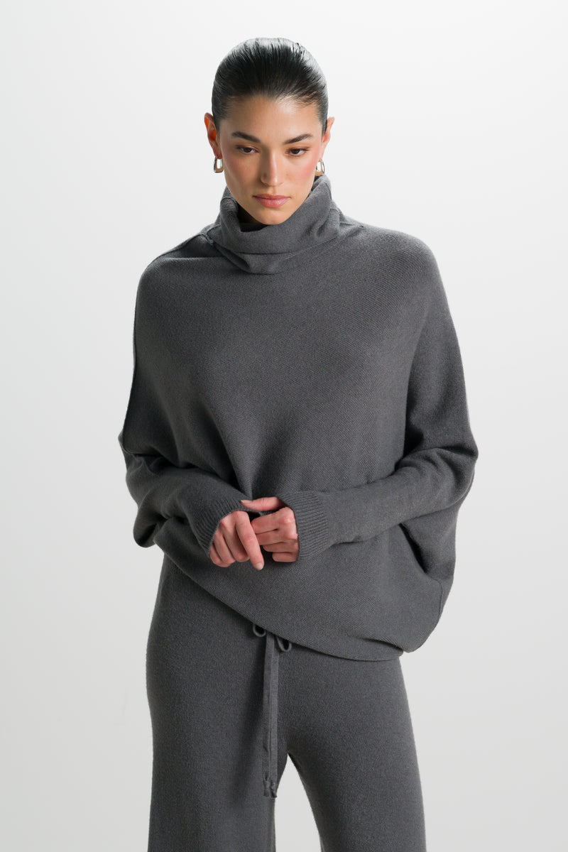 Asymmetric Draped Roll Neck | Charcoal | Seamless Knit