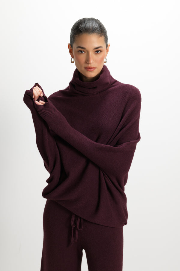Asymmetric Draped Roll Neck | Amethyst Plum | Seamless Knit
