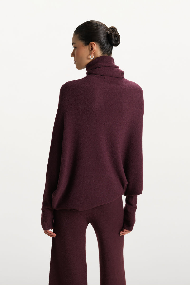 Asymmetric Draped Roll Neck | Amethyst Plum | Seamless Knit