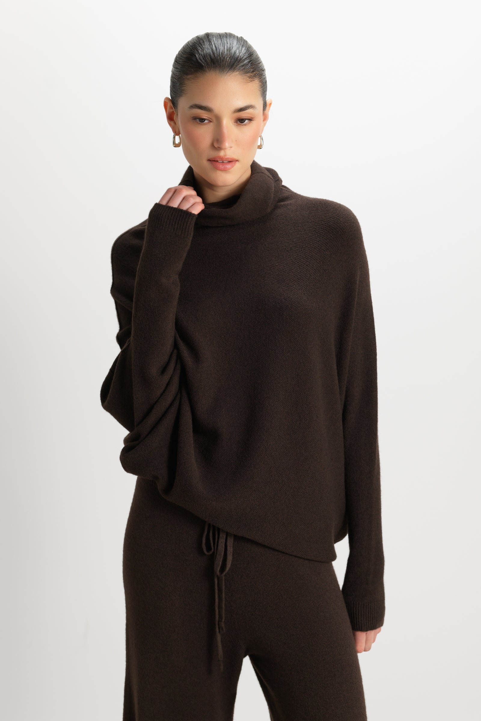 Asymmetric Draped Roll Neck | Espresso Brown | Seamless Knit – JAKI