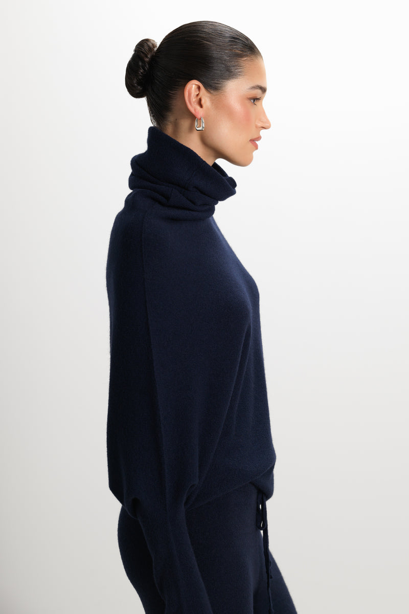 Asymmetric Draped Roll Neck | Navy | Seamless Knit