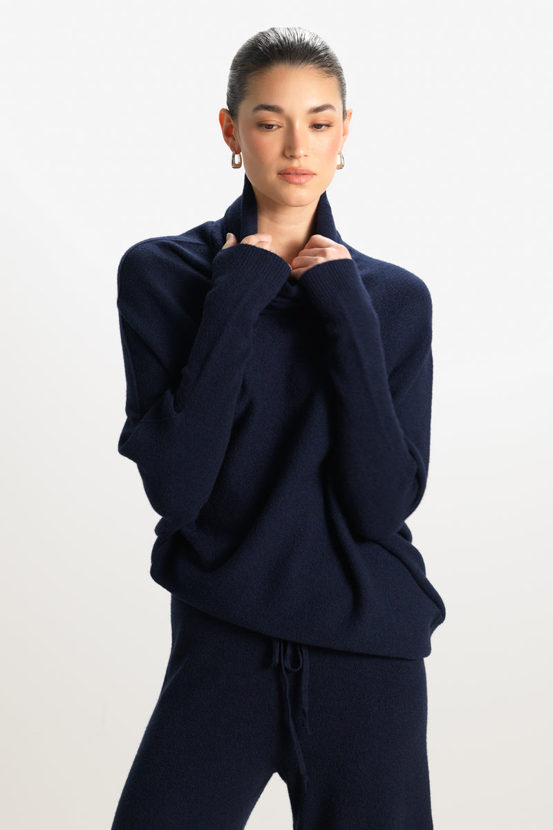 Asymmetric Draped Roll Neck | Navy | Seamless Knit