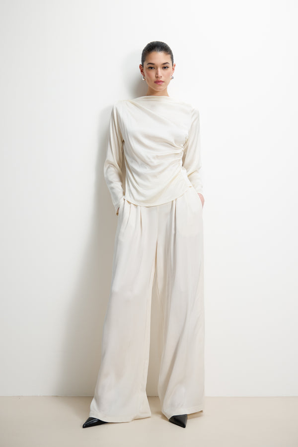 Arden Pleated Elastic Waist Satin Trousers | Black