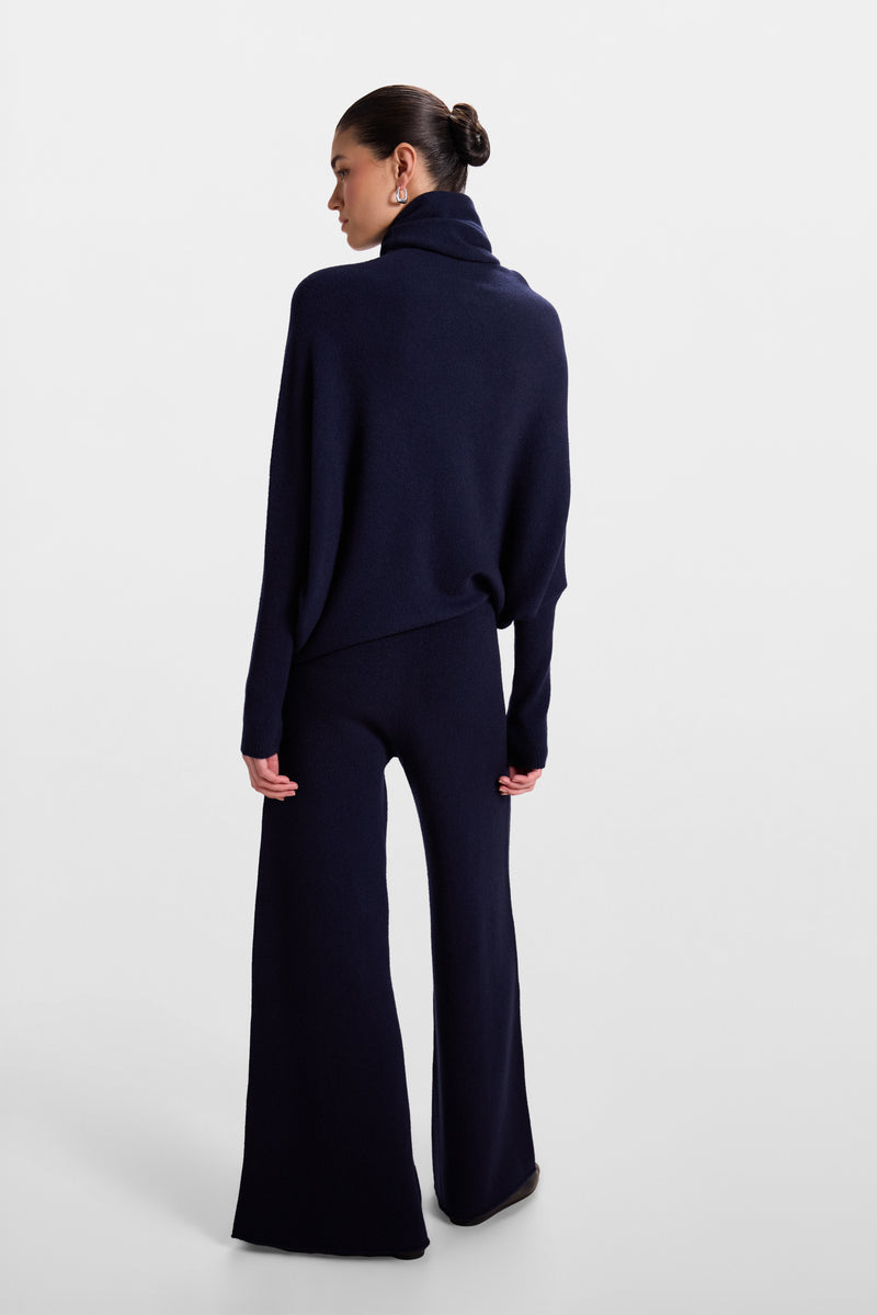 Asymmetric Draped Roll Neck | Navy | Seamless Knit