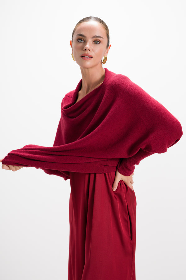 Asymmetric Draped | Carmine Red | Seamless Knit